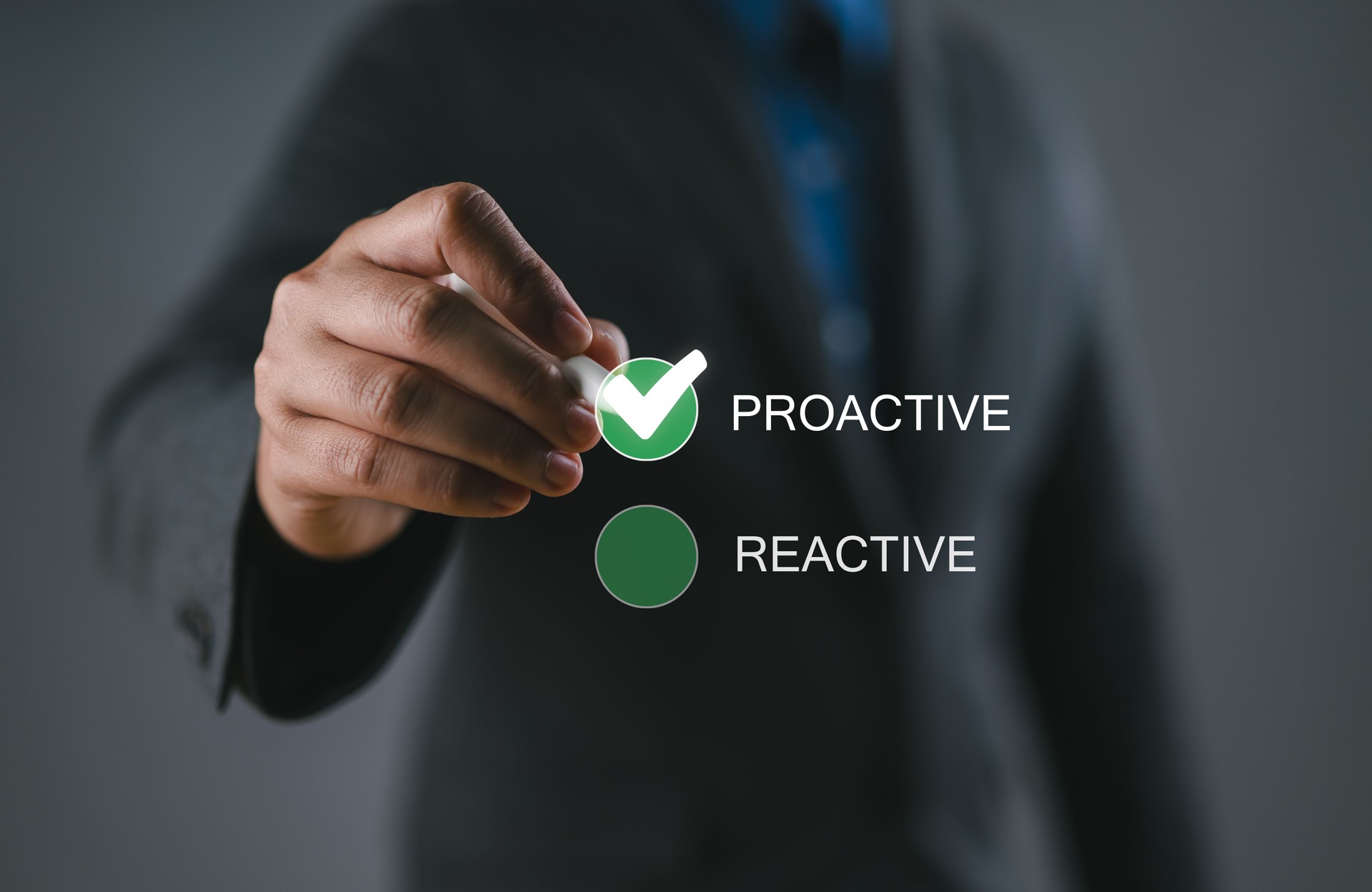 Proactive or reactive solution initiative concept. Person ticking a checkbox with the text proactive.